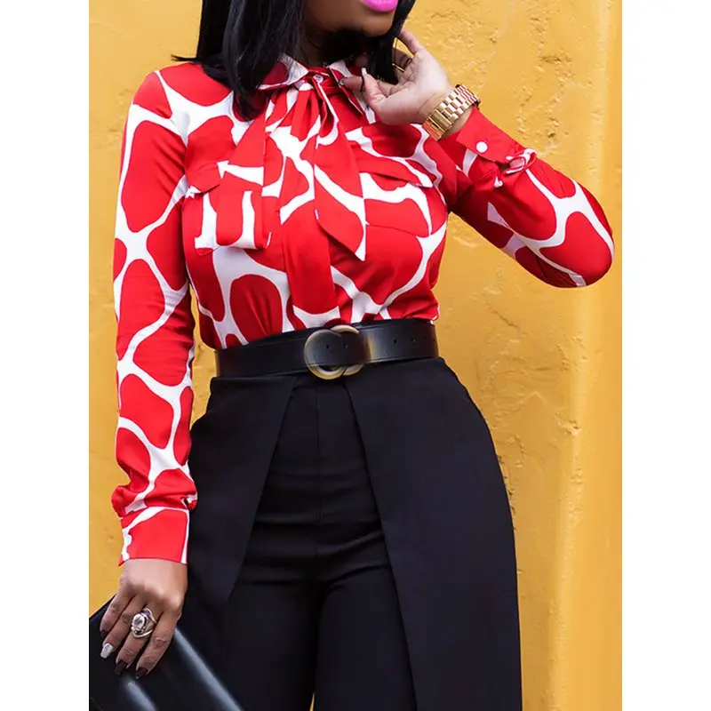

Summer Elegant Party Sexy Chic Red Plus Size Office Lady Women Blouses Slim Lapel Print Bow Top Female Retro Sweet Fashion Shirt