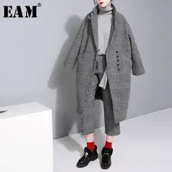 [EAM] Новинка 2019 года на весну и зиму нагрудные с длинным рукавом черный плед печатных свободные большой Размеры толстые шерстяные пальто Для