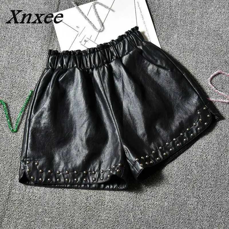 Xnxee Leather Shorts Female Autumn Winter New Slim High Waist Loose Wide Leg Shorts Women Elastic Waist Beading Shorts 66155 wide leg shorts womens autumn new genuine leather sheepskin casual high waist female elegant korean fashion solid shorts