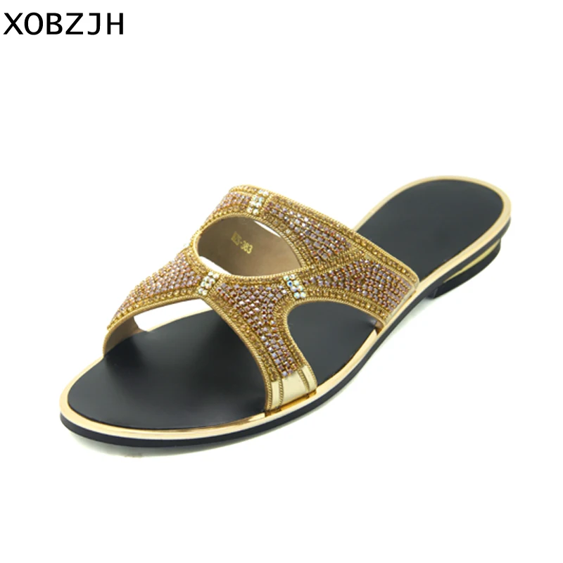 

XOBZJH Women Shoes 2019 New Luxury Rhinestone Gold Flat Sandals Flip Flops Wedding Party Sexy Ladies Shoes Peep-Toe Plus Size