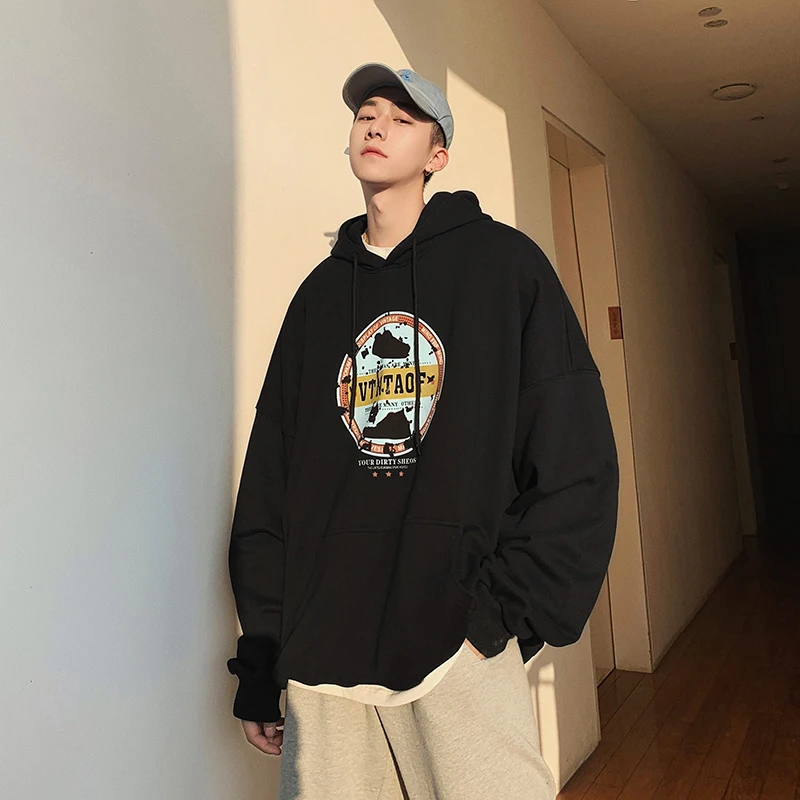 

2019 Men's Fashion Printing Coats Cotton Clothes Casual Hooded Hoodies Pullover Loose Black/grey/white Color Sweatshirts M-2XL