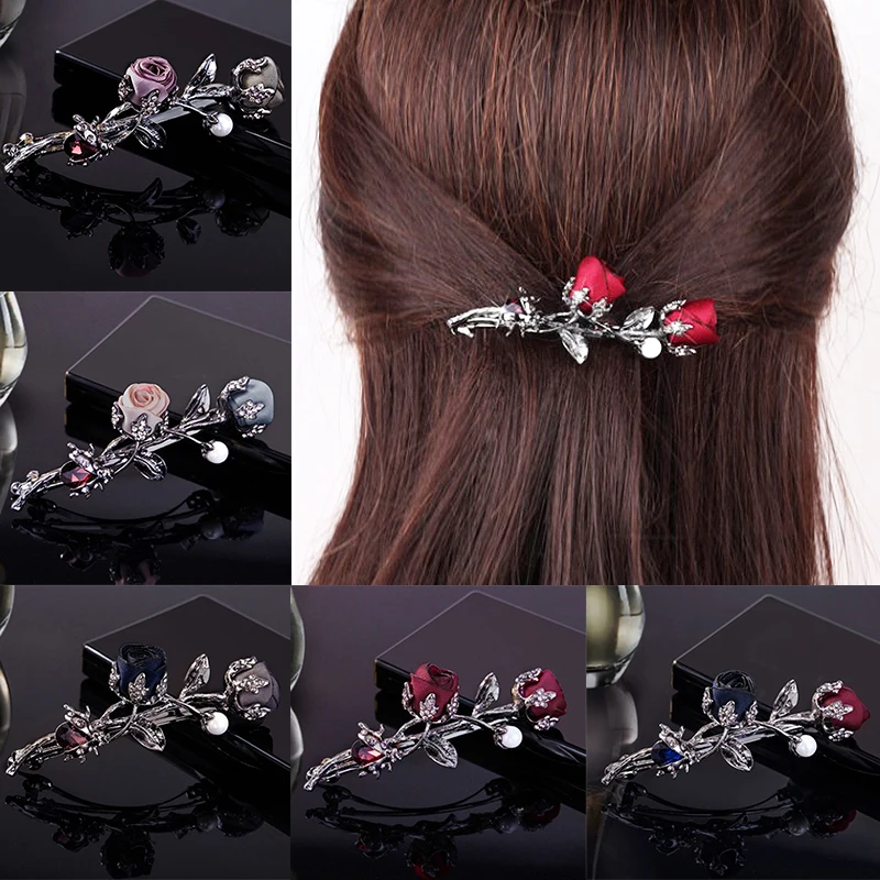 

1PC Hot Sale Ponytail holder Hair Clip Black Rhinestone Leaves Barrettes Rose Flower Christmas Gifts Crystal Hair Accessories