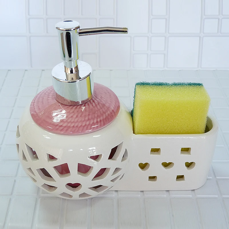 

High quality ceramics Soap dispenser With sponge White and pink Birthday Holiday Gift