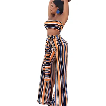 

2019 Summer Women New Stripe Strapless Sashes Two Piece Set Casual Sleeveless Wide Leg Sexy Suits