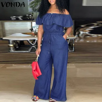

VONDA Plus Size Women Rompers Jumpsuit 2020 Summer Overalls Sexy Slash Neck Off Shoulder Ruffles Denim Playsuits Wide Leg Pants
