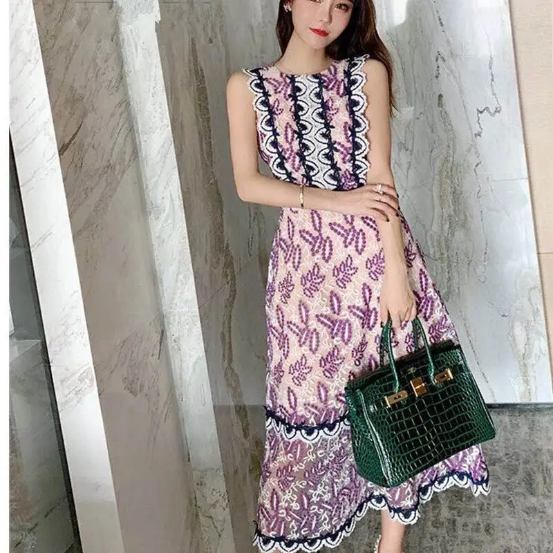 

Celebrity Women Flower Embroidery Lace Dress Long Vestidos Violet Sexy Elegant 2019 Summer Vintage Crochet Mesh Party Dress