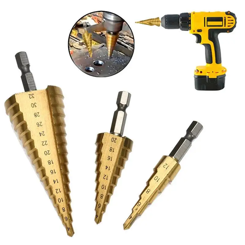 

Hss Step Cone Taper Drill Bit Set Hole Cutter Metric 3-12mm 4-12mm 4-20mm Titanium Coated Metal Hex Stepped Drill Bits