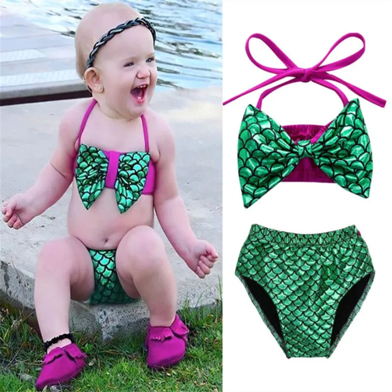 

Hot Wholesale Toddler Baby Girls Mermaid Bikini Set Bowknot Swimwear Swimsuit Halter Tank Crop Tops Panties Bathing Suit 0-24M