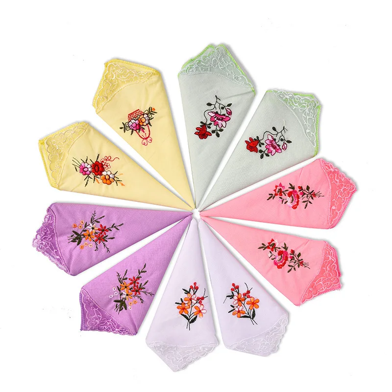 

12pcs/lot Gorgeous Women's Hankies Vintage Embroidery Floral Pattern Cotton Ladies Cotton Handkerchiefs with Lace Corner