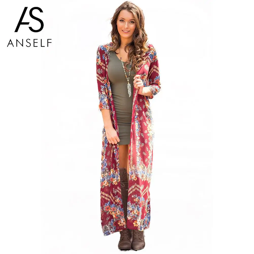 

Women Kimono Cardigan Floral Print Open Front Three Quarter Loose Long Kimono Boho Vintage Beach Cover Up Maxi Cardigan Burgundy
