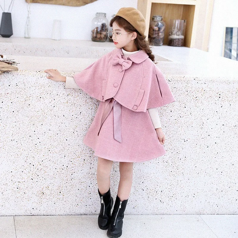 

Wool Teen Kids Clothing Set Autumn Winter Children Clothing Set Sleeveless Dress + Cape Coats 2 Pcs Clothes Suits Girl Outfits