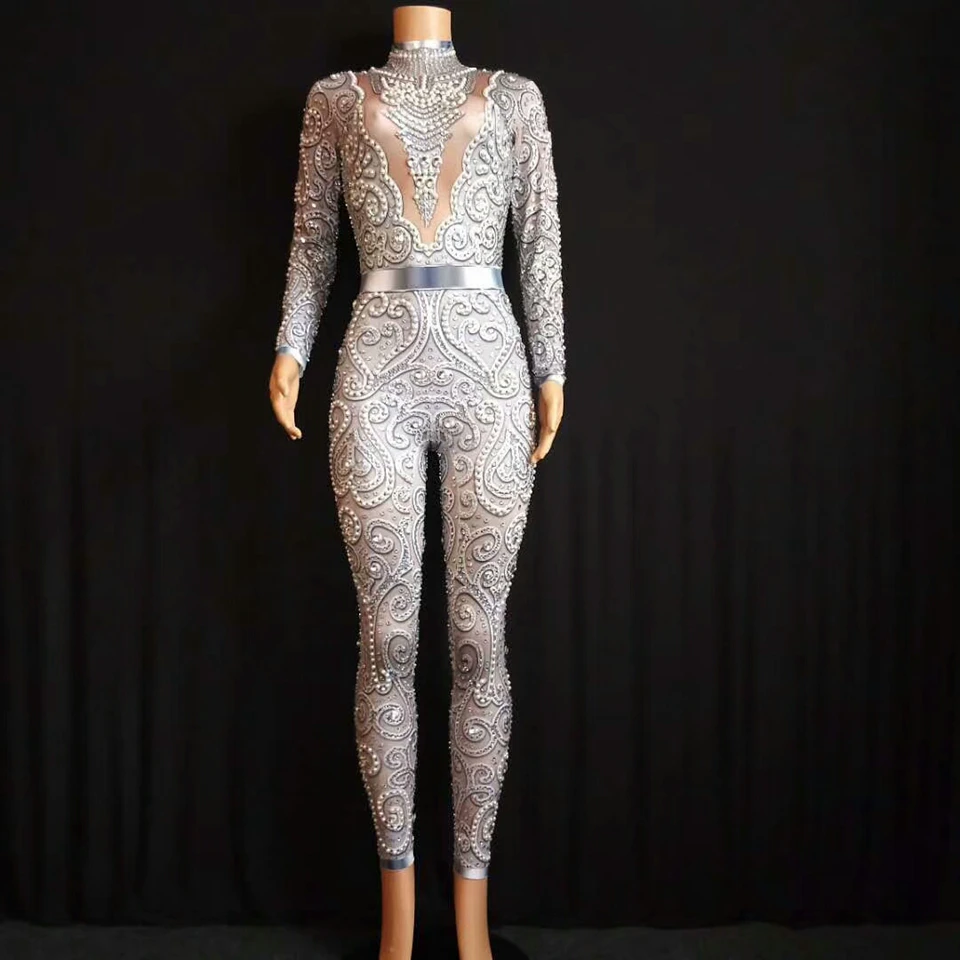

Red Gold Rhinestones Printed Long Sleeve Sexy Leotard Female Singer Dance Costume Stage Nightclub Women's Birthday Show Bodysuit