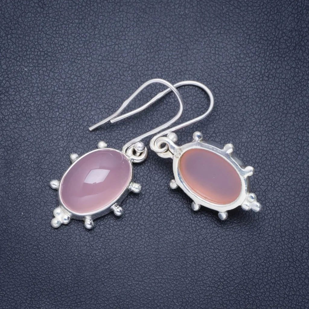 

Natural Rose Quartz Handmade Unique 925 Sterling Silver Earrings 1.5" A0714