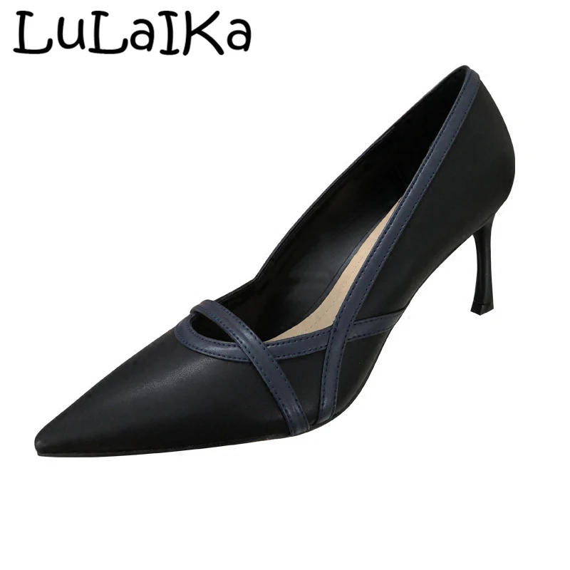 

2019 New Lady Pointed Toe Solid Color Pumps Fashion Stripe Thin Heel Woman High Heels Elegant Office Shoes