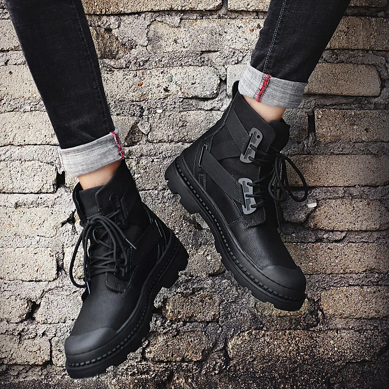 

Fashion Leisure PU Chelsea Boots Men Ankle Round Toe Lace-Up Winter Boots Solid Low Cross-tied Motorcycle Shoes