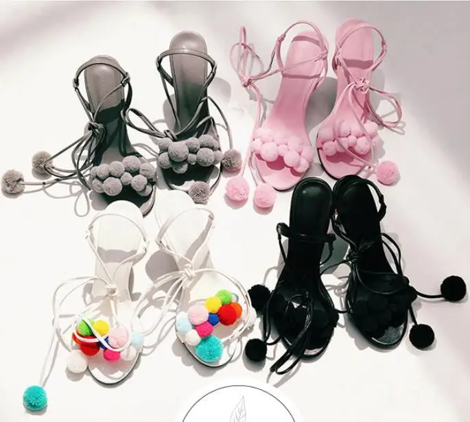 

2019 summer new Korean pink fur ball sweet open toe strap high heels sandals woman bow stiletto sandal woman ball sandal lace up