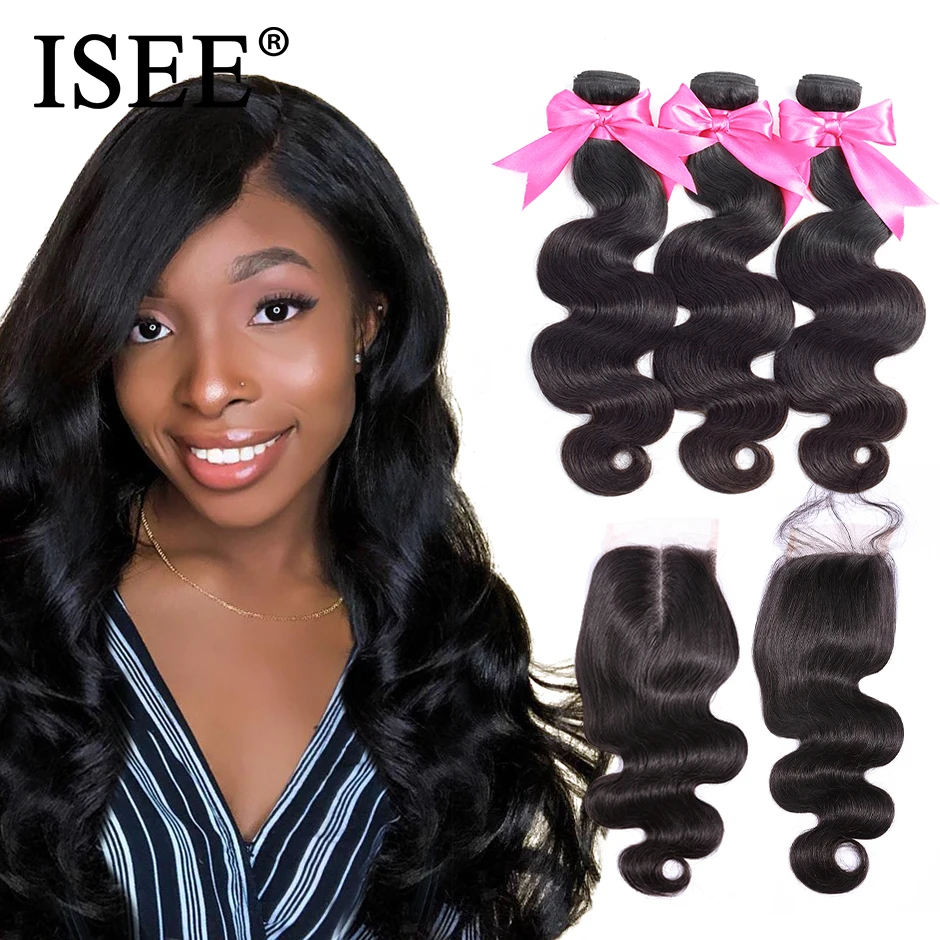 Body Wave Human Hair Bundles With Closure ISEE HAIR Body Wave Bundles With Closure Brazilian Hair Weave Bundles With Closure