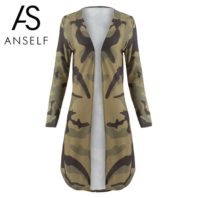 

Anself Leopard Pattern Print Thin Long Coat Women Camouflage Color Block Autumn Cardigan Open Front Long Sleeve Casual Outerwear