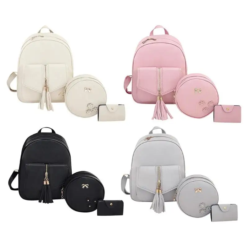 

3pcs/Set Elegant Women Leather Bowknot Composite Bag Tassels Backpack School Backpacks Female Shoulder Bag Purse Mochila