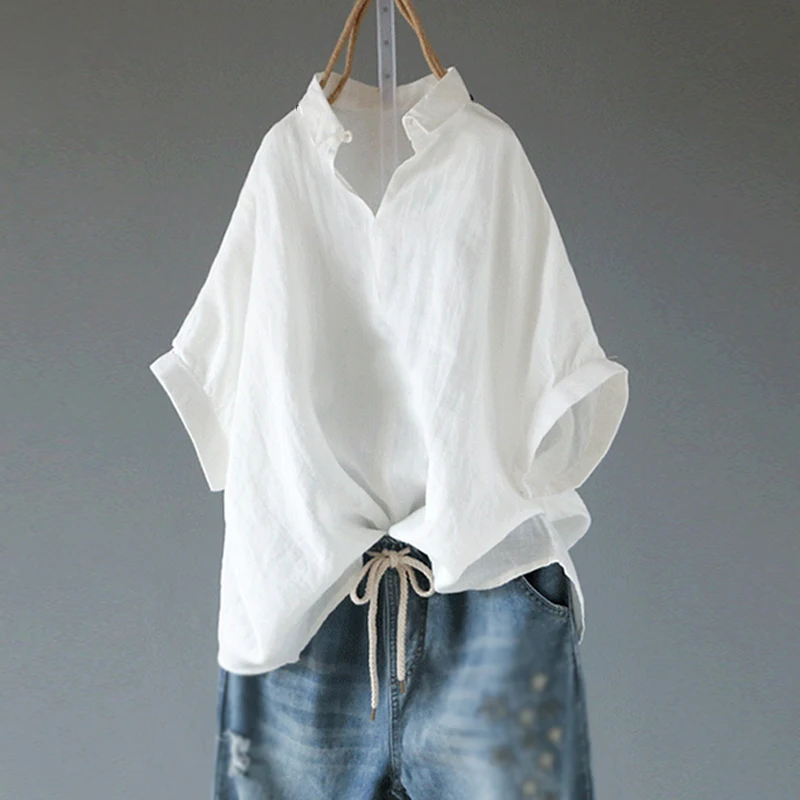 

Ladies Blouse Top Oversize Loose Tee Batwing Irregular Cotton Linen Short Sleeve