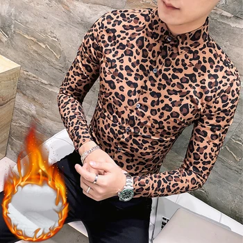 

Men's personality leopard plus velvet shirt male social guy non-mainstream printing long-sleeved shirt night warm shirt