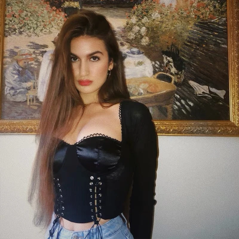 

2019 Strap Sexy Square Collar Court Long Sleeve T-Shirt Top