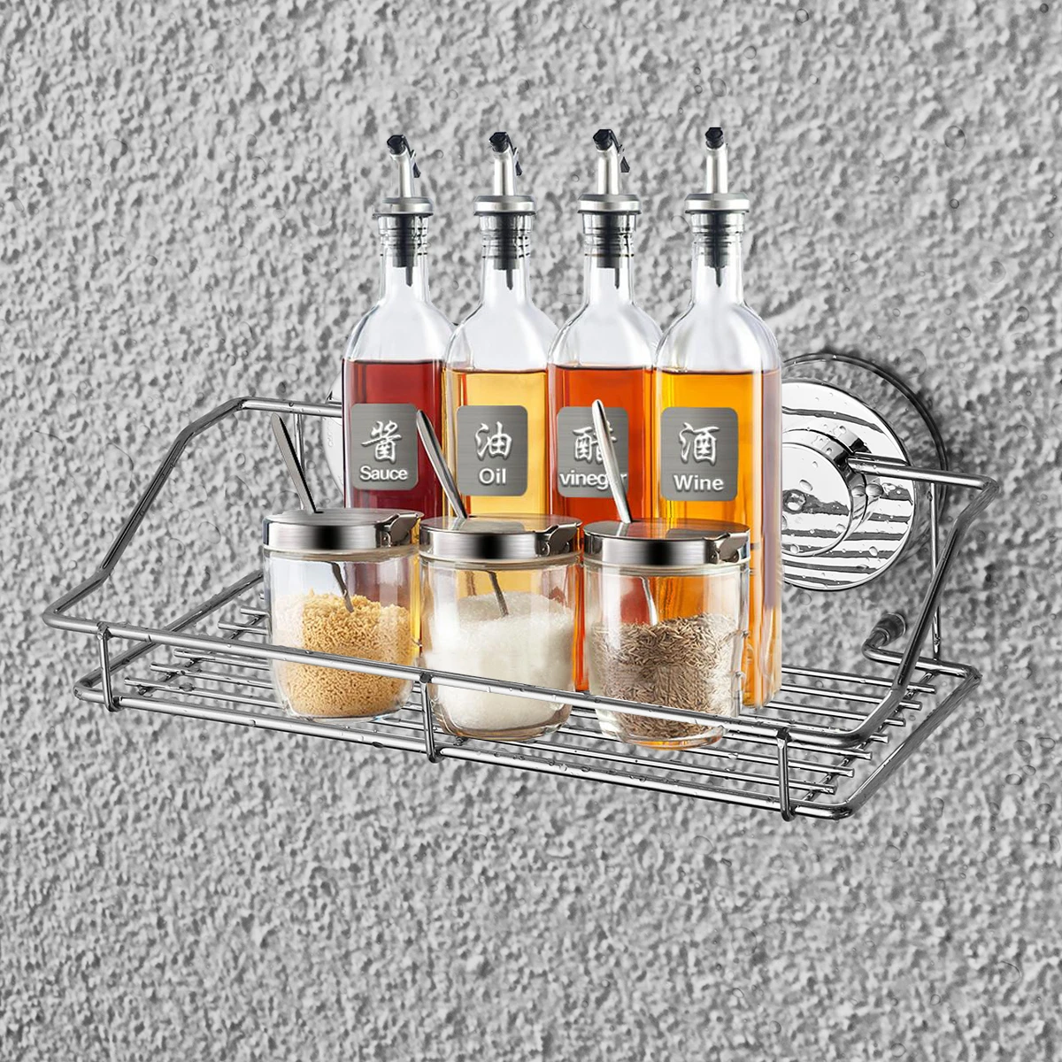 

Bathroom Kitchen Storage Basket Shelf Stainless Steel Bath Shower Suction Caddy Blast Vacuum Suction Strong Adsorption Adsorbed
