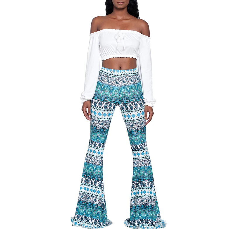 

Womens Boho Hippie High Waist Printed Wide-Leg Long Flared Bell Bottom Pants