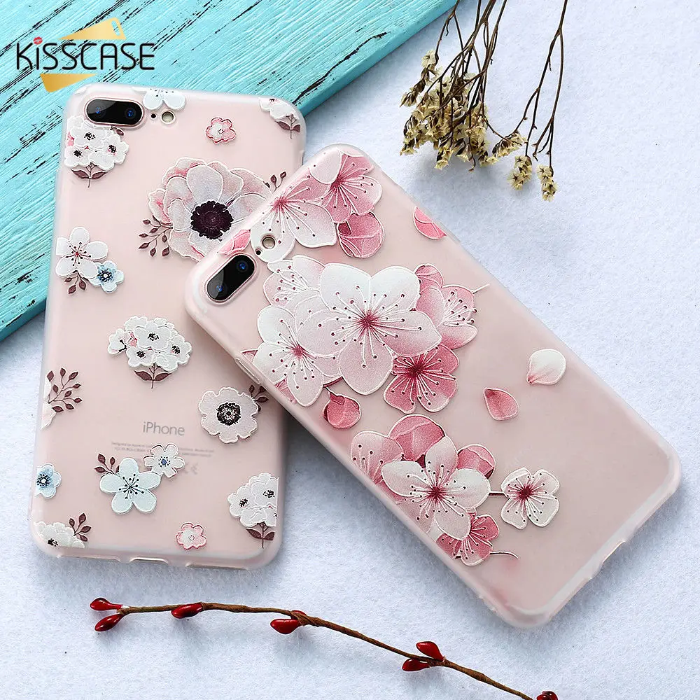KISSCASE 3D Relief Flower Case For iPhone 7 8 Plus XS Max XR Soft Floral Cases X 6 6S 5 5S SE TPU Cover |