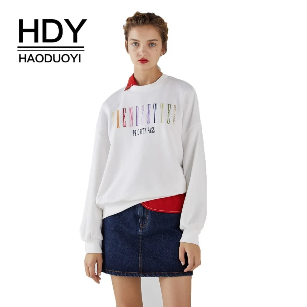 HDY Haoduoyi 2019 Fashion Girl Hoodie Rainbow Letter Embroidered Casual Rib Sport Style HDY Haoduoyi 2019 Fashion Girl Hoodie Rainbow Letter Embroidered Casual Rib Sport Style
