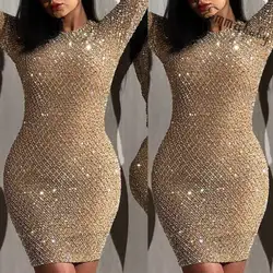 Новые пикантные Женские однотонные узкие Bodycon Gliter с длинным рукавом О образным вырезом Вечеринка Мини платье