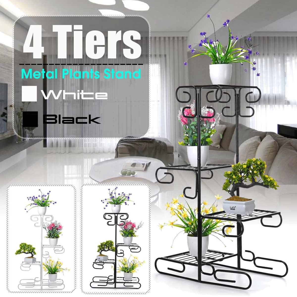 

4 Tier White/Black Metal Plant Stand Display Shelf Holder Indoor Outdoor Plant Flower Pot Plant Holder Planters Display Rack