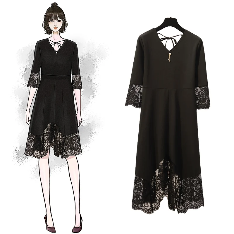 

XL- 5XL plus size 2019 new spring summer lace Vintage Solid Half Flare Sleeve V-Neck patchwork women dress O14