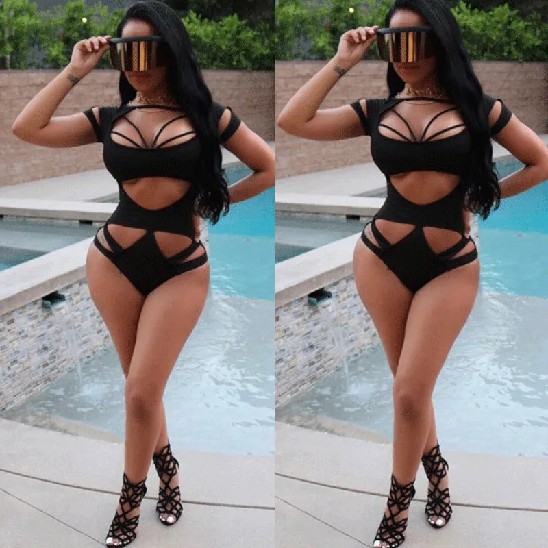 

2019 Fashion women's one-piece suit swimsuit black sexy hollow bandage swimwear beachwear