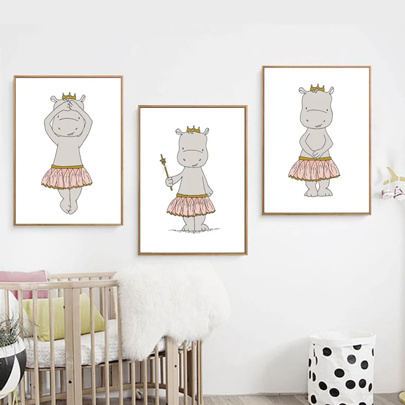 

Hippo Ballerina Princesses Cartoon Canvas Art Poster Nursery Print Canvas Painting Wall Picture Nordic Kids Bedroom Decoration