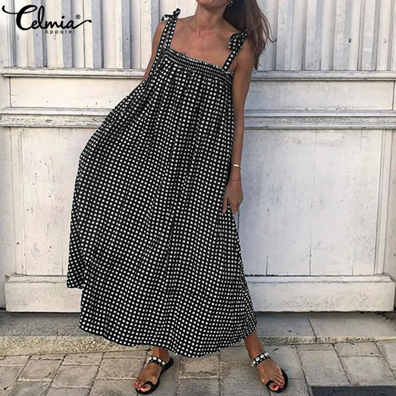 

Bohemian Women Dot Printed Maxi Long Dress Celmia 2019 Summer Sexy Straps Sleeveless Casual Loose Holiday Beach Vestido Robe 5XL