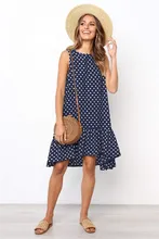 2019 Women Polka Dot Ruffles Sleeveless Beach Dress Fashion Off Shoulder Casual Dress Knee Length Holiday Dress mesh insert polka dot knee length bodycon dress