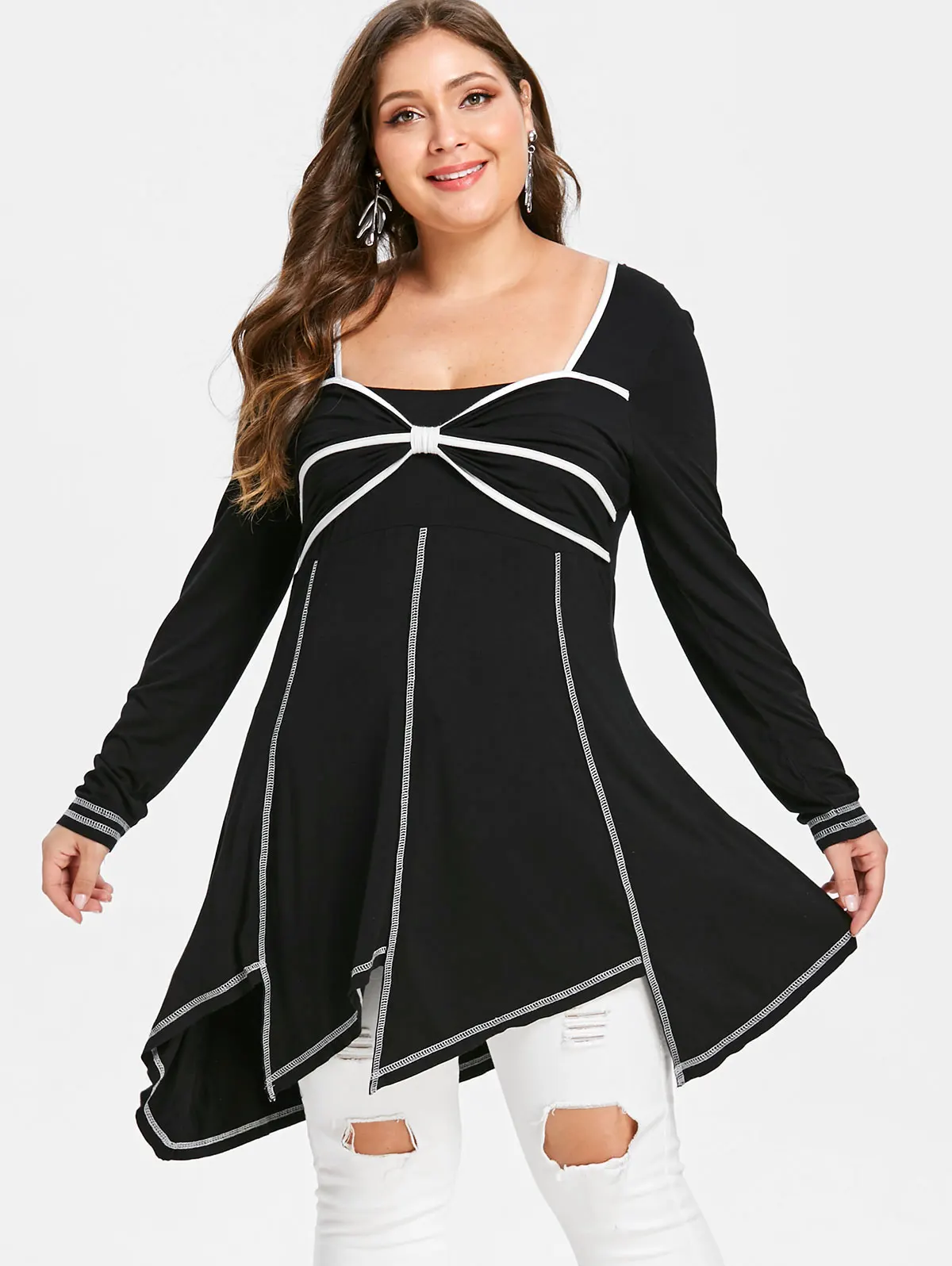 

Wipalo Plus Size Bowknot Embellished Asymmetrical Long T-Shirt Fashion Autumn Long Sleeves Square Neck Women Shirts Big Size