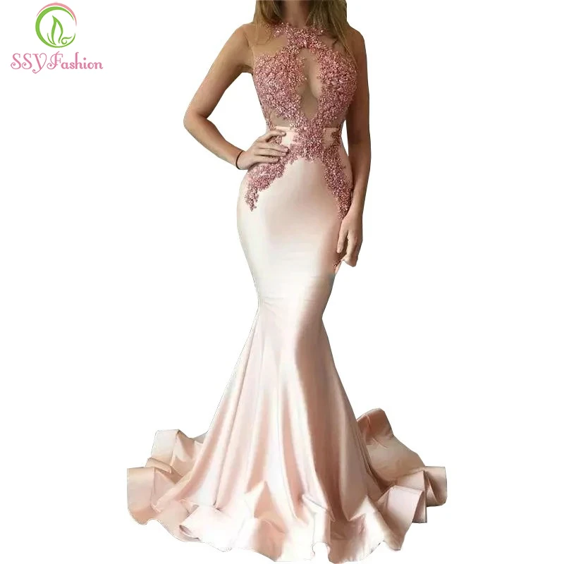 pink fishtail prom dress