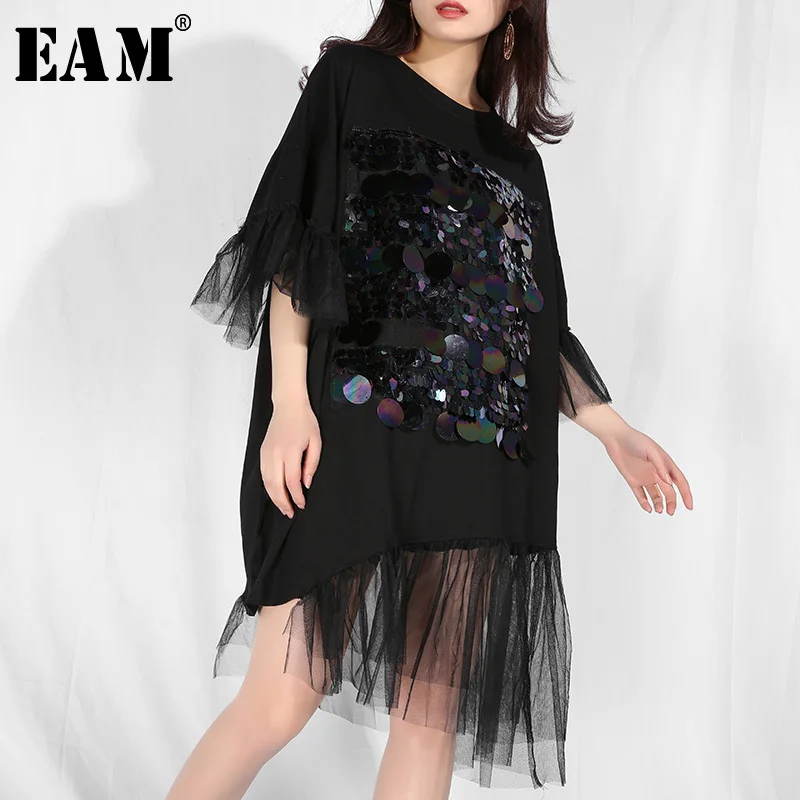 

[EAM] 2019 New Spring Summer Round Neck Short Sleeve Black Sequins Split Joint Mesh Big Size Dress Women Fashion Tide JR753
