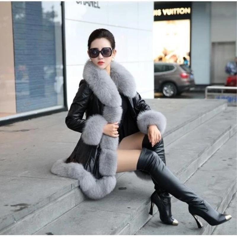 

Latest Winter Female Sheepskin Coats High Quality Faux Fur Pure Color Fox Collars Snap Fastener Furs Big Yards Slim