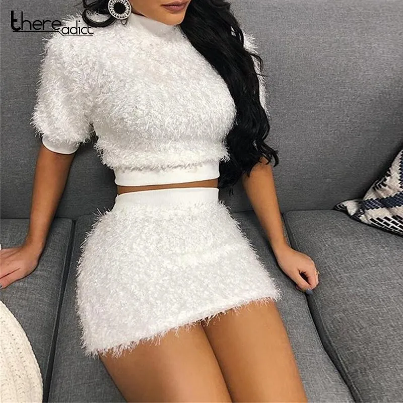 Buy Faux Fur Two Piece Dress Women Short Feather Bodycon Sexy Dress Mini Winter