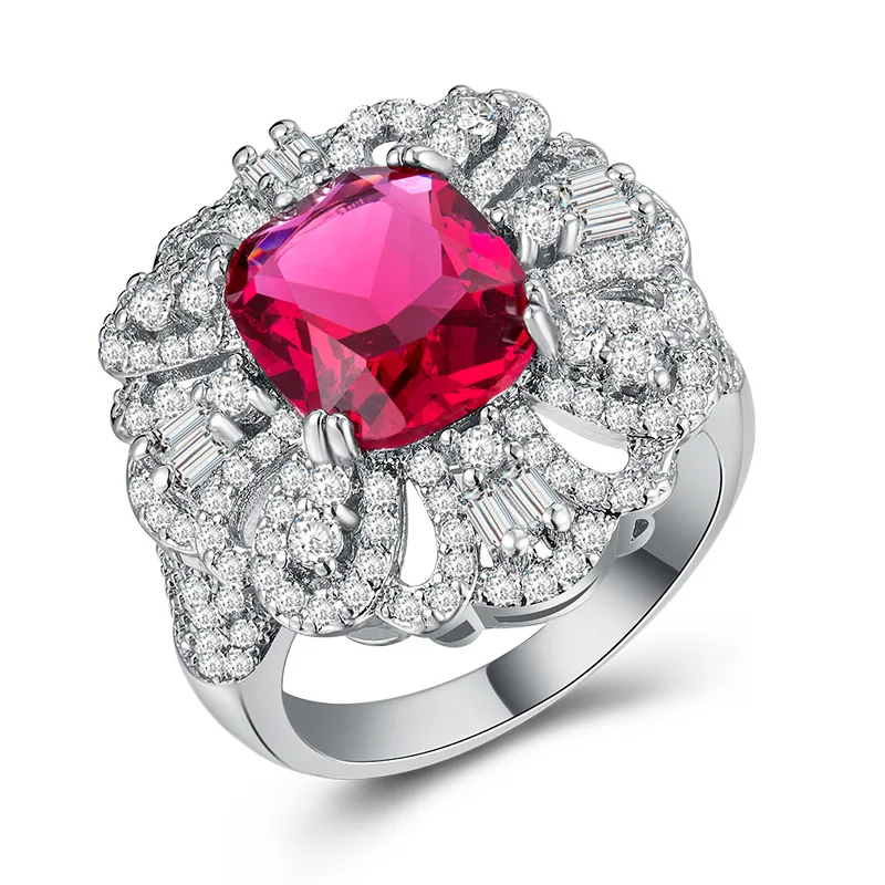 Модное Роскошное винтажное квадратное большое кольцо с розово-красным камнем, полые микро кубические циркония, Женские ювелирные аксессуары