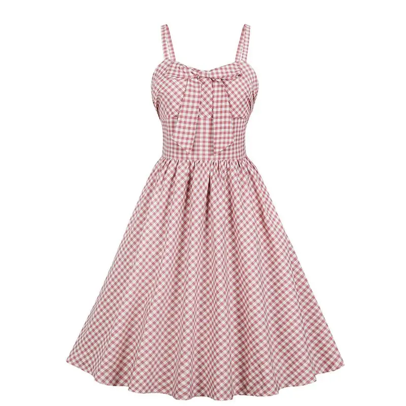 

Vintage Plaid Dress Women Pink Sweet Bowknot Casual Retro Fashion Preppy Style A Line Pleated Summer Backless Strap Dresses 2019