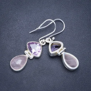 

Natural Rose Quartz and Amethyst Handmade Unique 925 Sterling Silver Earrings 1.75" A0835