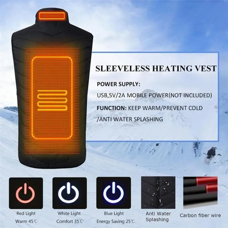 New Men Electric Heated Hiking Vests Heating Waistcoat USB Thermal Warm Clothing Solid Color Zipper Casual Winter Vests Jacket