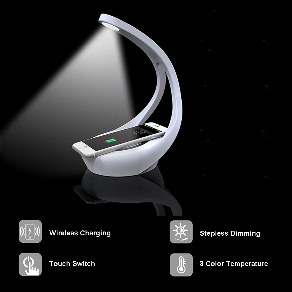 

10W Output Wireless Charging Table Lamp 3 Light Color Touch Switch LED Desk Phone Charger Holder Stand Dimmable Desktop Light