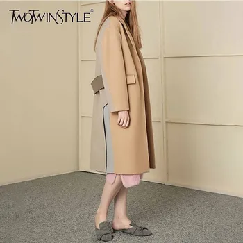 

TWOTWINSTYLE Woolen Cardigan Coat Female Long Sleeve Patchwork Hit Colors Autumn Korean Fashion Women's Overcoat 2020 New