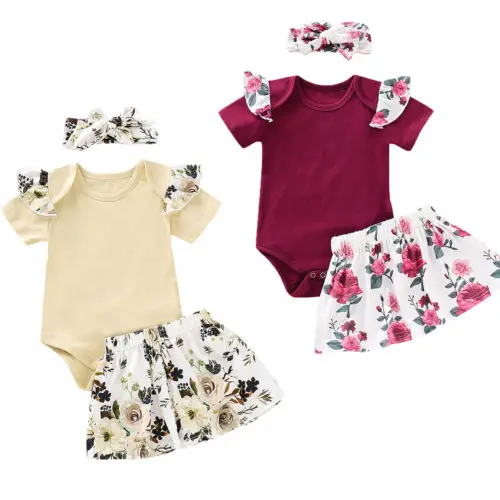 

3Pcs Fashion Summer Baby Girl Outfit Short Swings Sleeve Infant Patchwork Romper+Tutu Floral Mini Skirt+Headband Newborn New Set