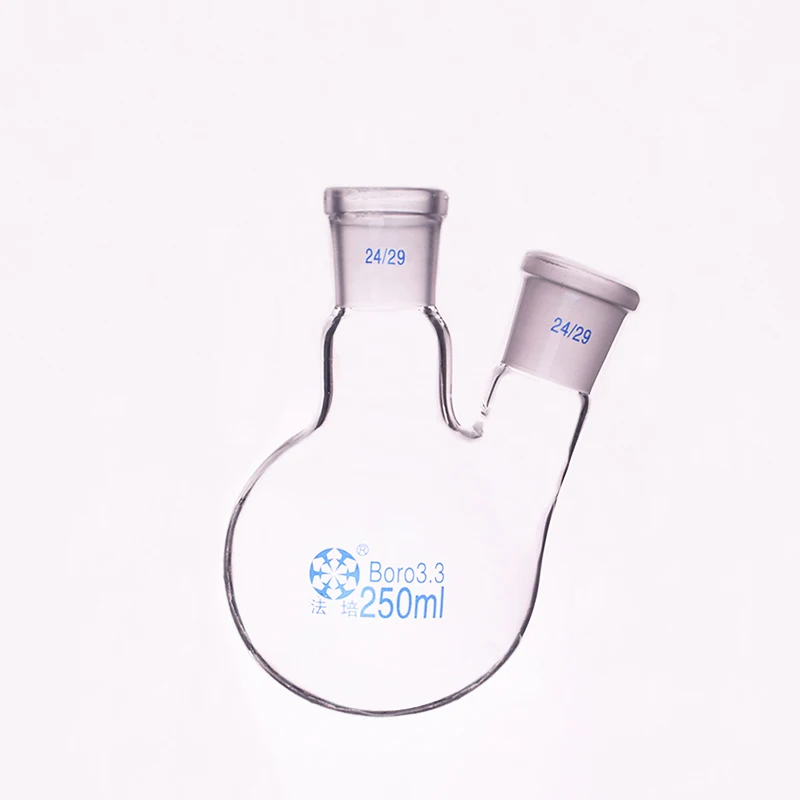 

Two-necked flask oblique shape,with two necks standard grinding mouth,Capacity 250ml,Middle joint 24/29 and lateral joint 24/29